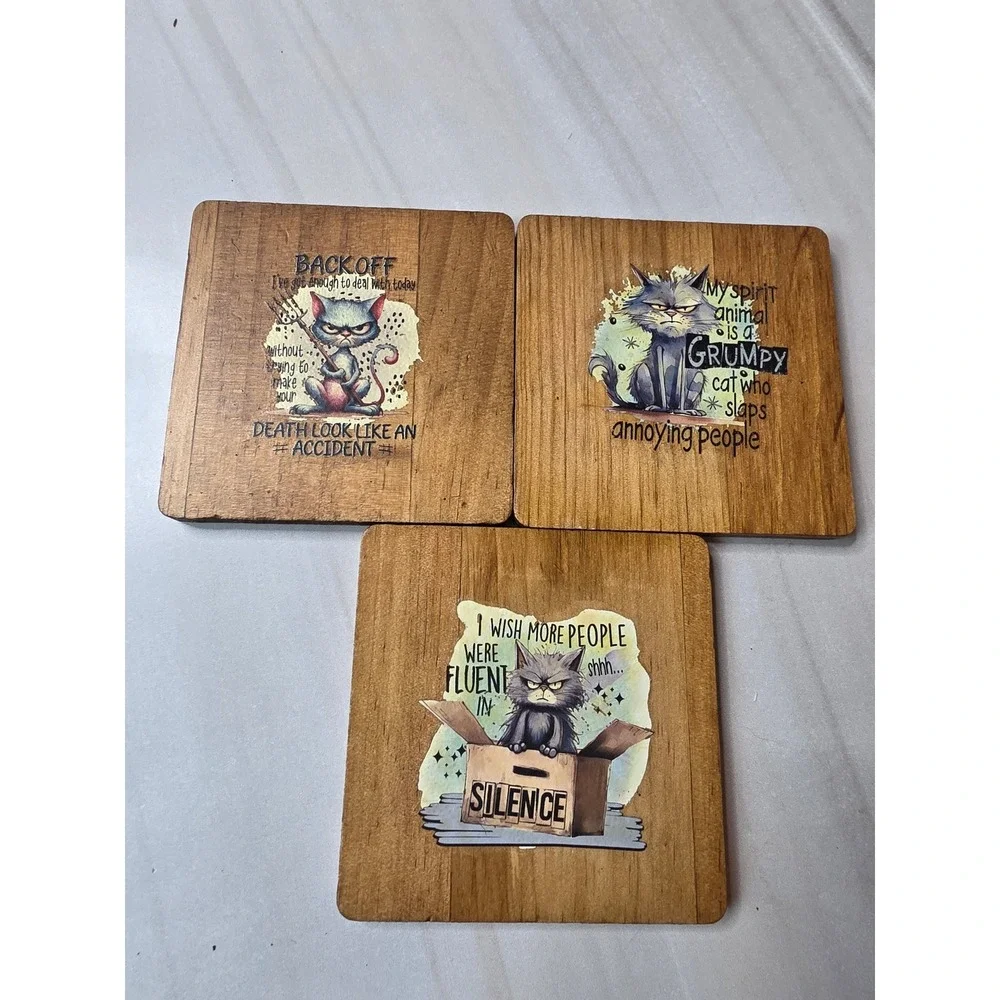 Grumpy Cat Wooden Coasters Set of 3 Snarky Humor Rustic Drink‎ Mats Brown F1